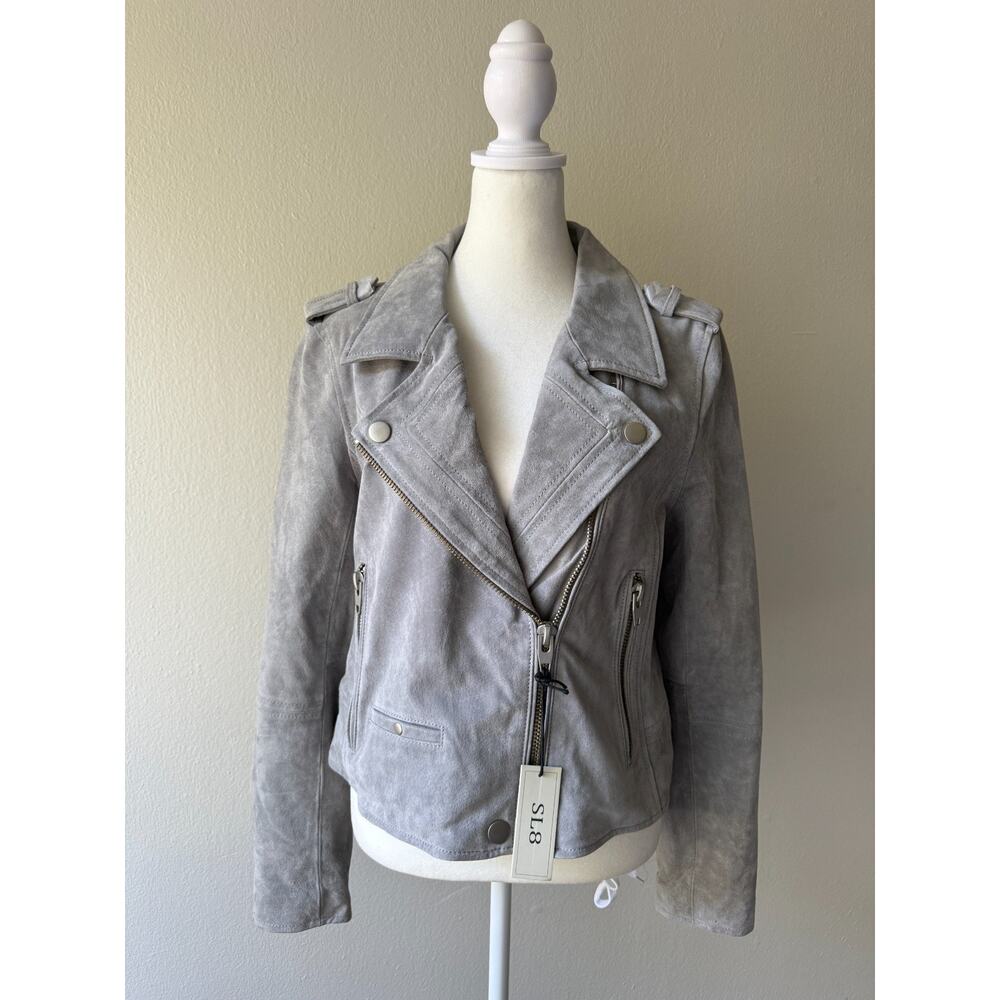 SL8 Gray 100% Suede Leather Moto Jacket L Women’s Biker Asymmetrical Zip Epaulet